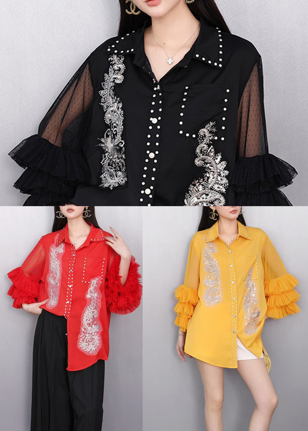 Casual Black Embroidered Rhinestone Shirt Bracelet Sleeve