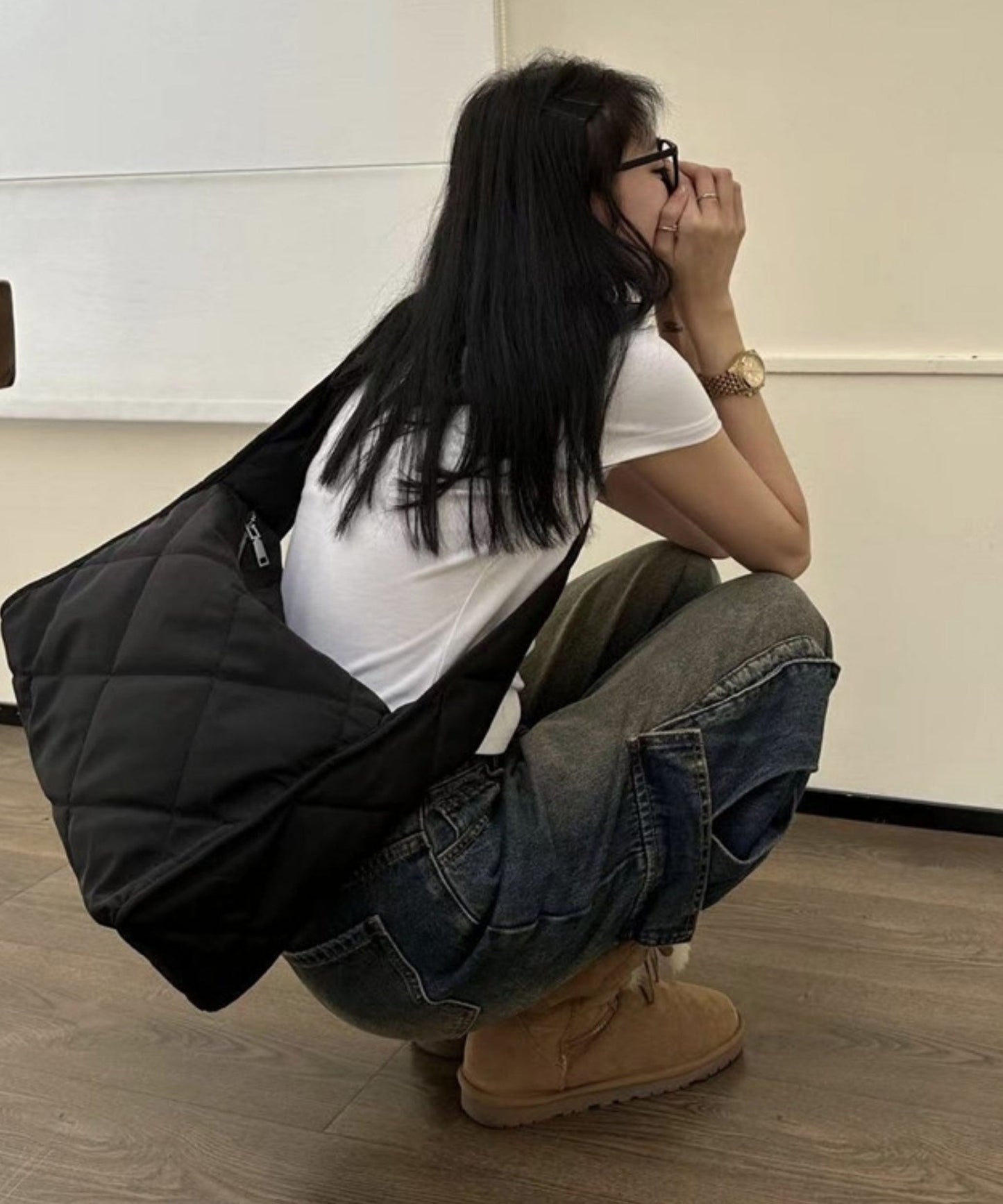 Bolso bandolera informal de nailon negro de gran capacidad