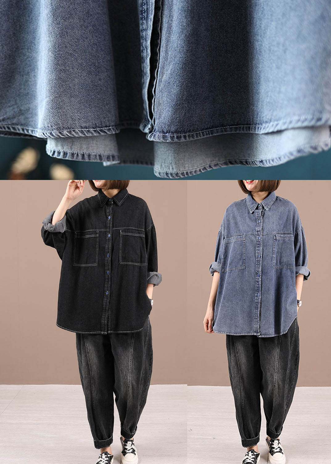 Lässiger schwarzer lockerer lässiger Denim-Herbstmantel mit langen Ärmeln