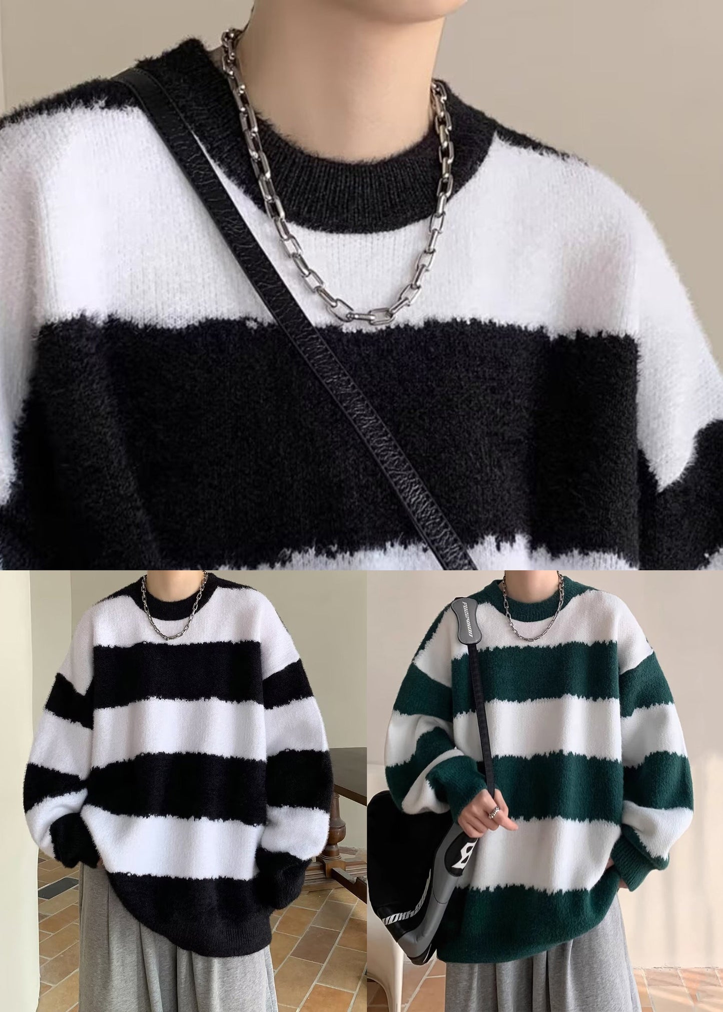 Casual Black O Neck Striped Knit Mens Sweater Winter