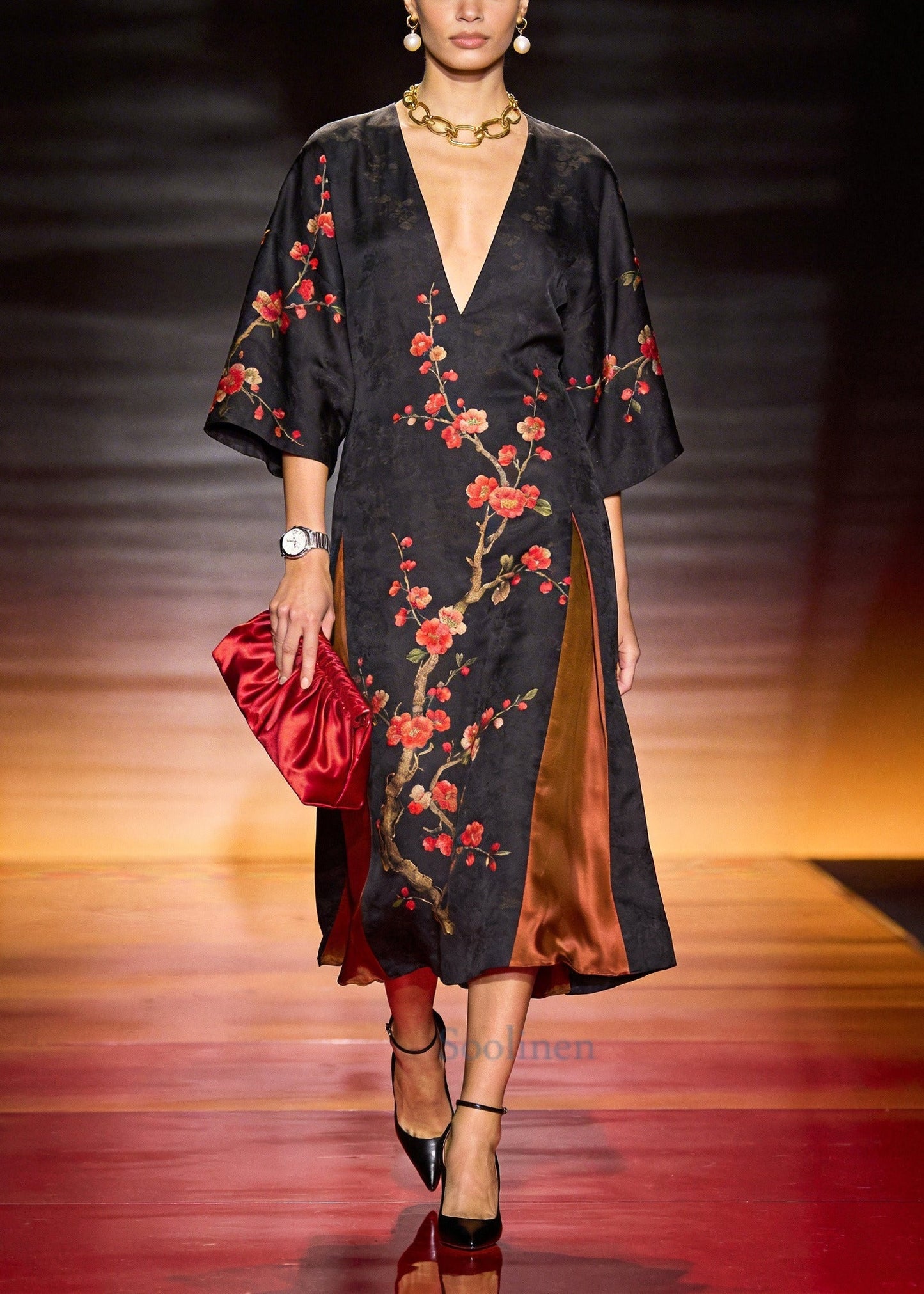 Casual Black Oversized Patchwork Print Silk Long Dresses Summer