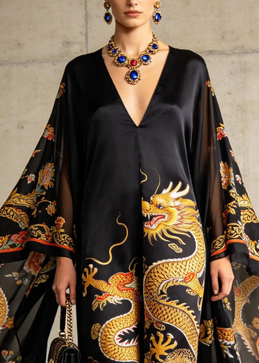 Casual Black Oversized Print Holiday Dress Batwing Sleeve