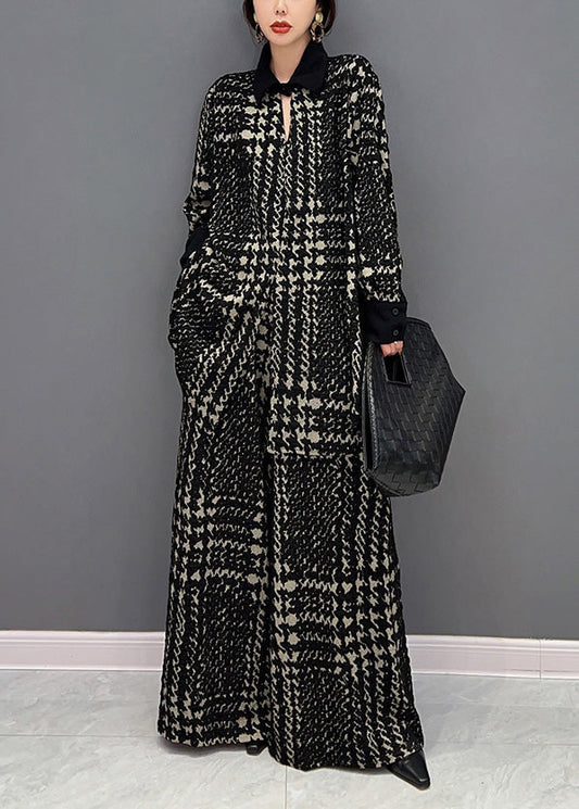 Lässiges schwarzes gestreiftes Wolloberteil mit Peter-Pan-Kragen und gerader Hose, zweiteiliges Set für den Winter