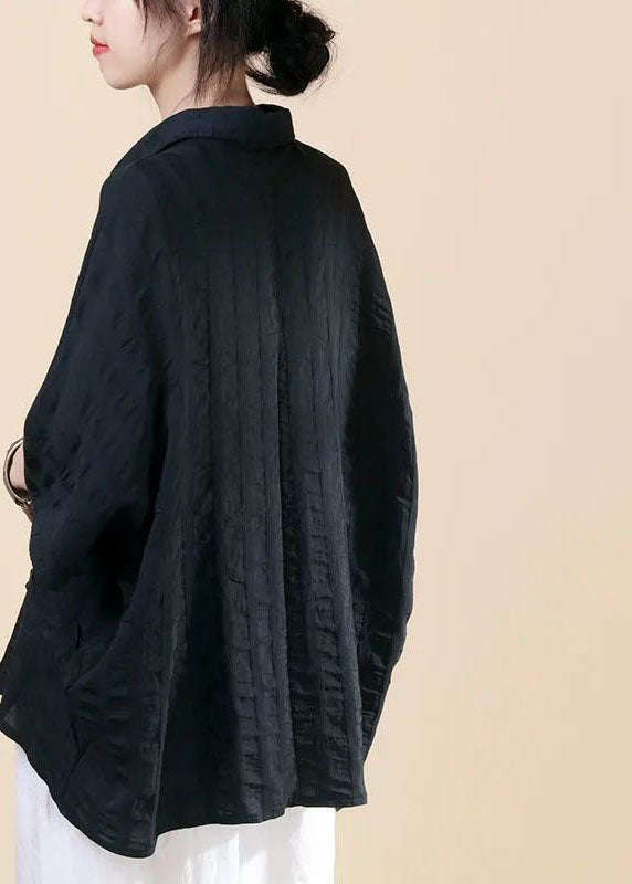 Lässiges schwarzes PeterPan-Kragen-Knopf-Fledermausflügel-Ärmel-Herbsthemd