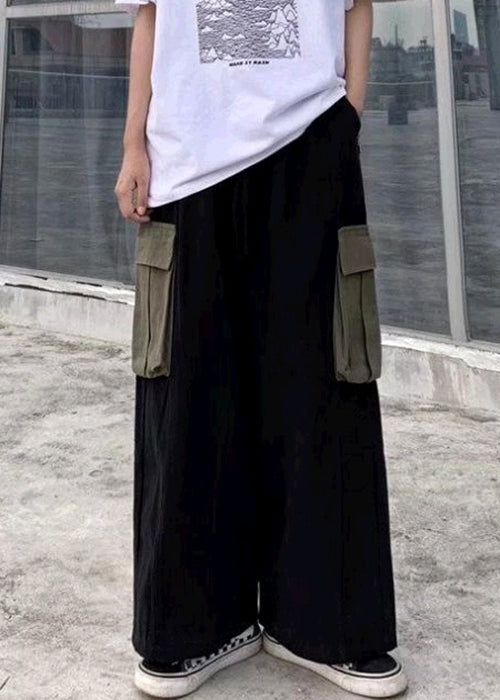 Casual Black Pockets Patchwork Cotton Men Wide Leg Pants Summer