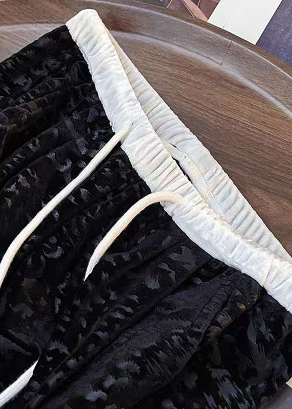 Casual Black Pockets Tie Waist Wide Leg Pants Fall