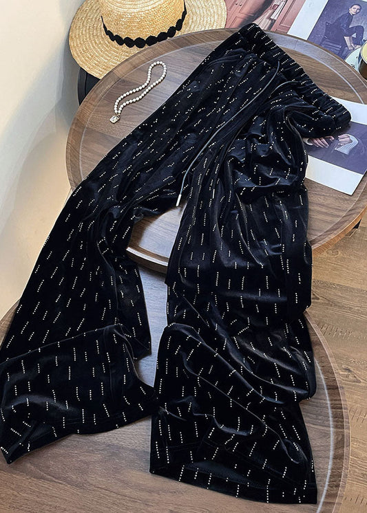 Casual Black Print Wrinkled Elastic Waist Wide Leg Pants Fall