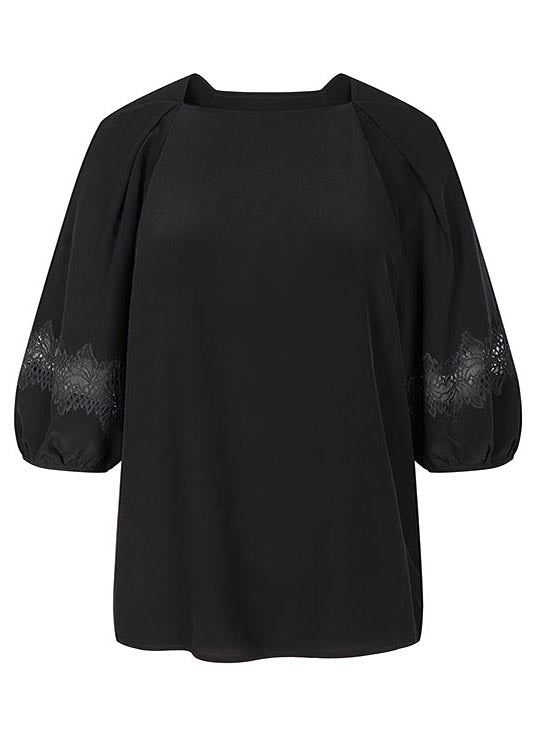Casual Black Slash Neck Patchwork Lace Blouses Half Sleeve