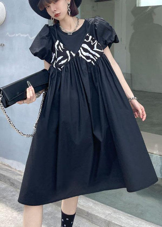 Casual Black Striped Cotton O Neck Cinched Dress - SooLinen