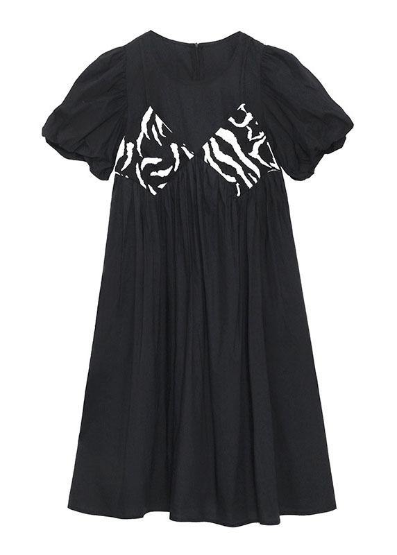 Casual Black Striped Cotton O Neck Cinched Dress - SooLinen