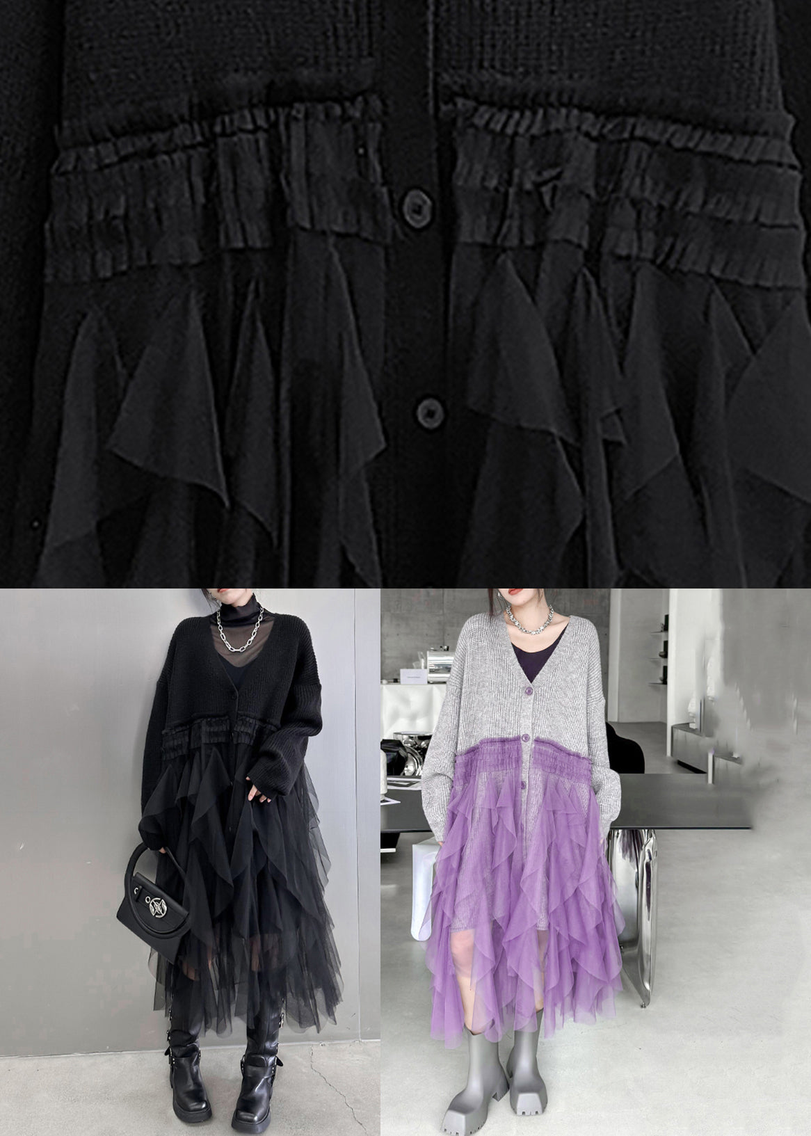 Lässiges schwarzes Maxikleid aus Baumwollstrick mit Tüll-Patchwork und Fledermausärmeln