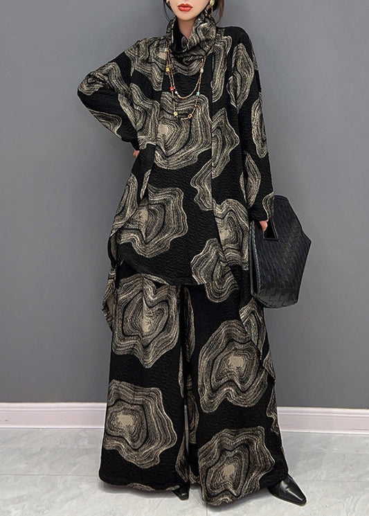 Lässiges schwarzes Rollkragen-Print-Top und weite Hose, zweiteiliges Set für den Winter