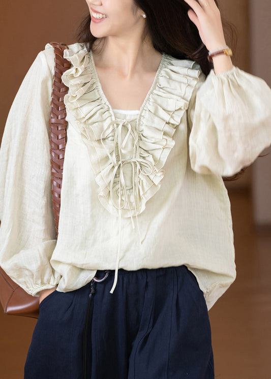 Casual Black V Neck Ruffled Patchwork Linen Shirt Fall