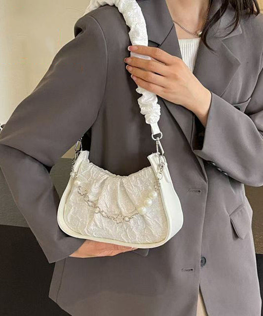 Casual Black Wrinkled Pearl Chain Linked Faux Leather Micro Bag