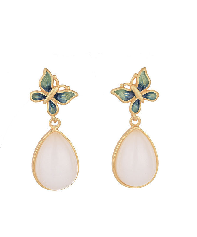 Lässige blaue antike Gold eingelegte Jade Schmetterling Wassertropfen Ohrringe