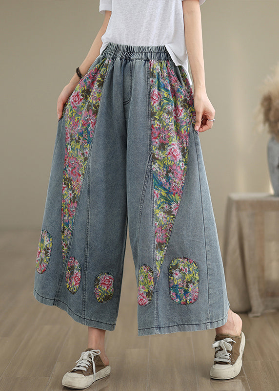 Casual Blue Elastic Waist Pockets Patchwork Crop Jeans Summer