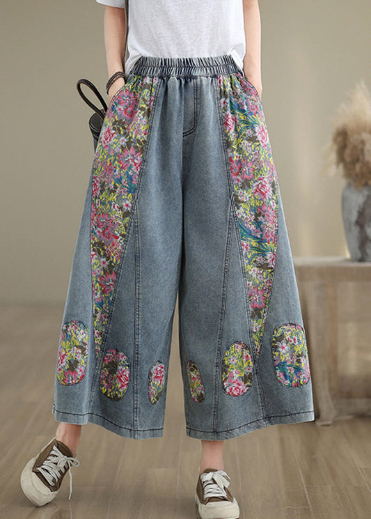 Casual Blue Elastic Waist Pockets Patchwork Crop Jeans Summer