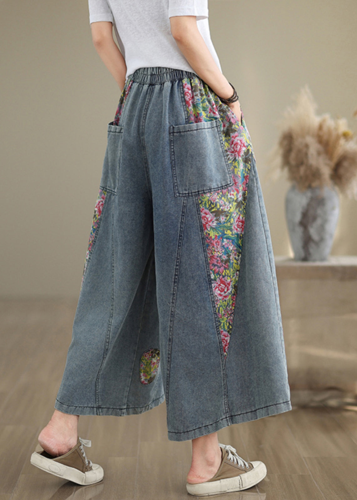 Casual Blue Elastic Waist Pockets Patchwork Crop Jeans Summer