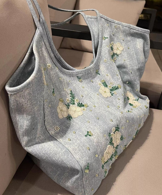 Bolso de hombro informal de mezclilla de gran capacidad con bordado azul