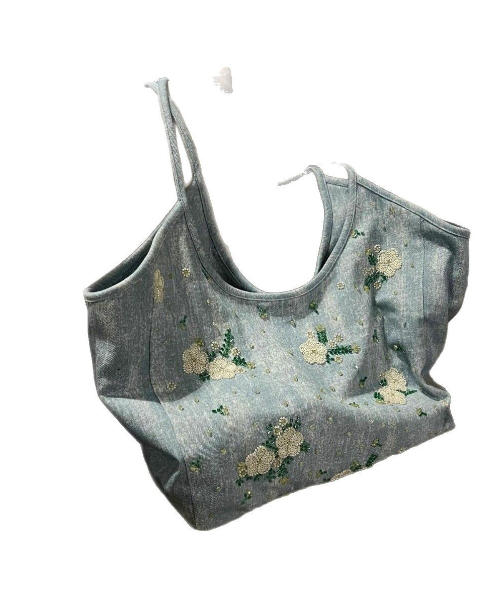 Bolso de hombro informal de mezclilla de gran capacidad con bordado azul