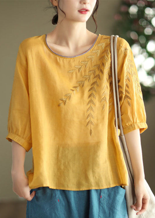 Camiseta informal de algodón con patchwork bordado azul de media manga