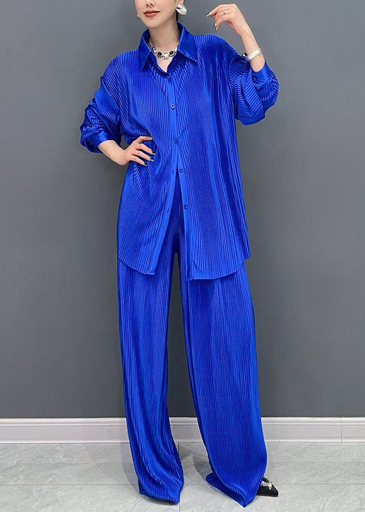 Casual Blue Peter Pan Collar Shirts And Wide Leg Pants Two Piece Set Lantern Sleeve