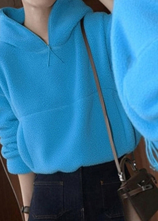 Casual Blue Pockets Patchwork Faux Fur Hooded Sweatshirts Fall