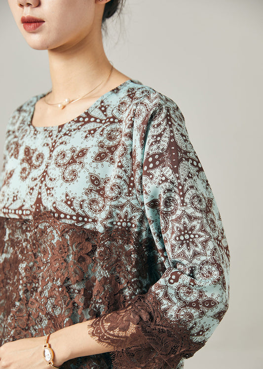 Lässiges blaues Print-Patchwork-Spitzen-Chiffon-Kurzkleid für den Sommer