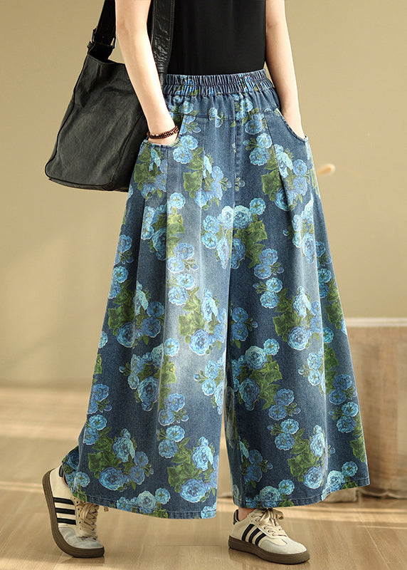 Casual Blue Print Pockets Denim Drop Wide Leg Pants