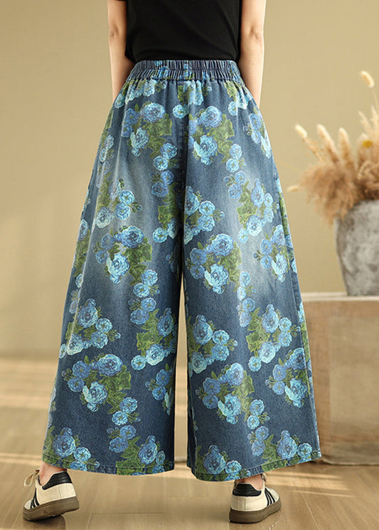 Casual Blue Print Pockets Denim Drop Wide Leg Pants