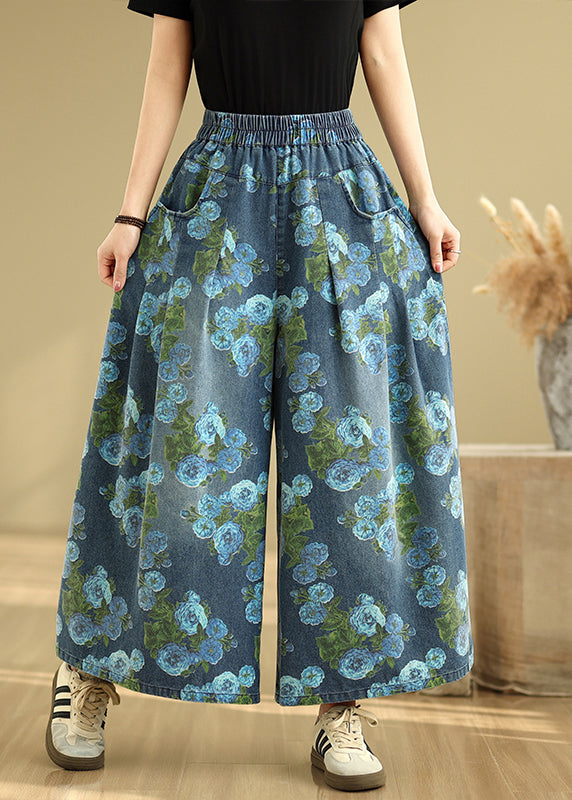Casual Blue Print Pockets Denim Drop Wide Leg Pants