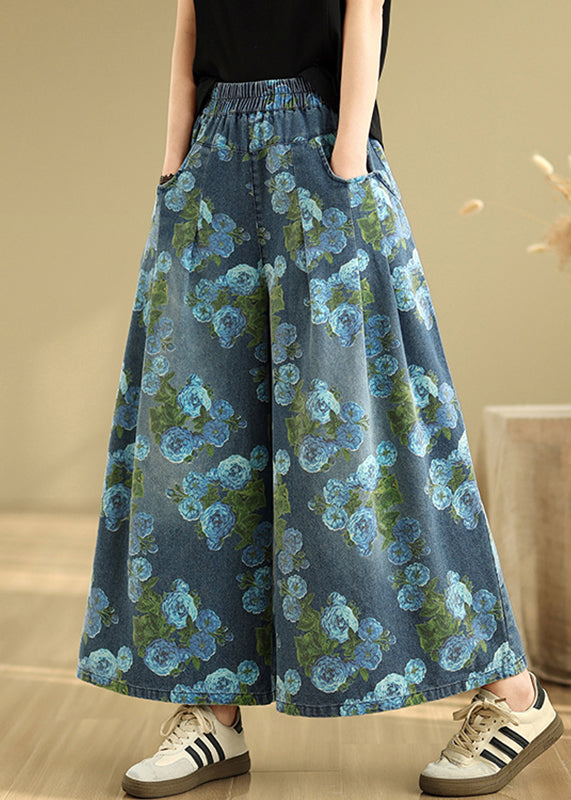 Casual Blue Print Pockets Denim Drop Wide Leg Pants
