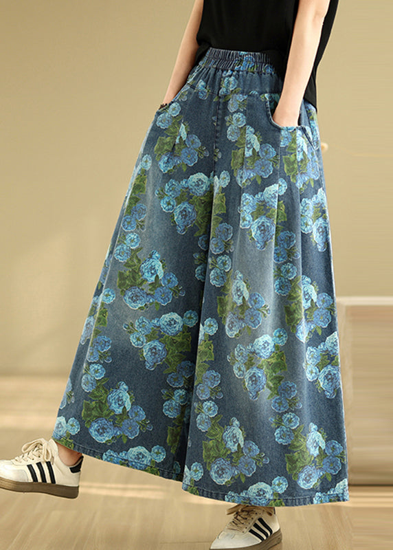 Casual Blue Print Pockets Denim Drop Wide Leg Pants