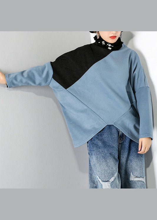 Lässige blaue Rollkragen-Patchwork-Tops Frühling