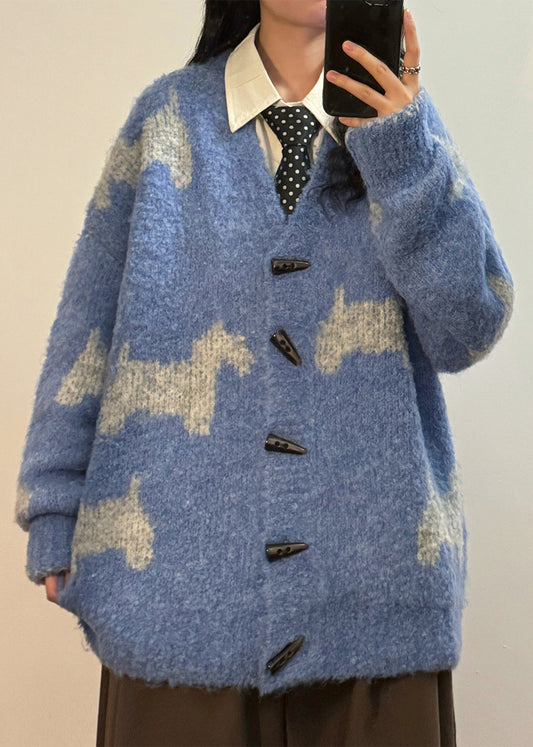 Casual Blue V Neck Button Little Horse Knit Coats Spring