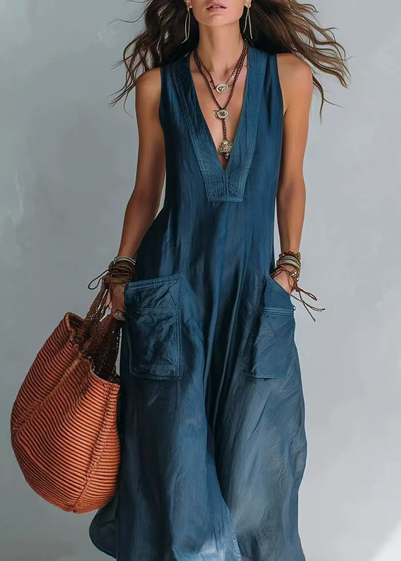 Casual Blue V Neck Pockets Jumpsuit Sleeveless