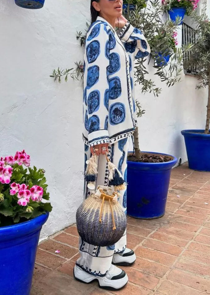 Casual Blue V Neck Print Shirts And Wide Leg Pants Two Piece Set Fall