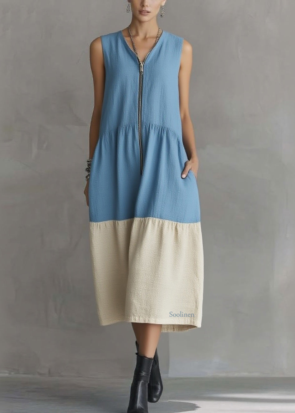 Casual Blue Vacation Maxi Dresses Zippered Patchwork Summer