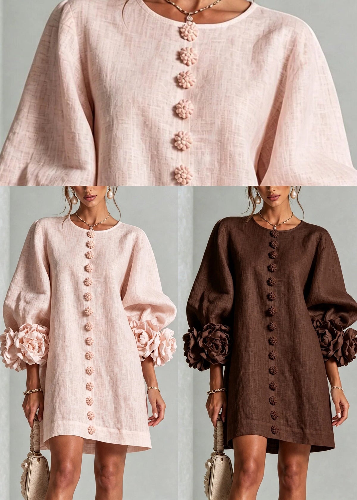 Casual Brown O-Neck Button Stereoscopic Floral Dress Lantern Sleeve