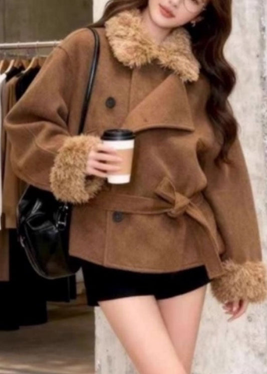 Casual Brown Peter Pan Collar Tie Waist Thick Woolen Coats Long Sleeve