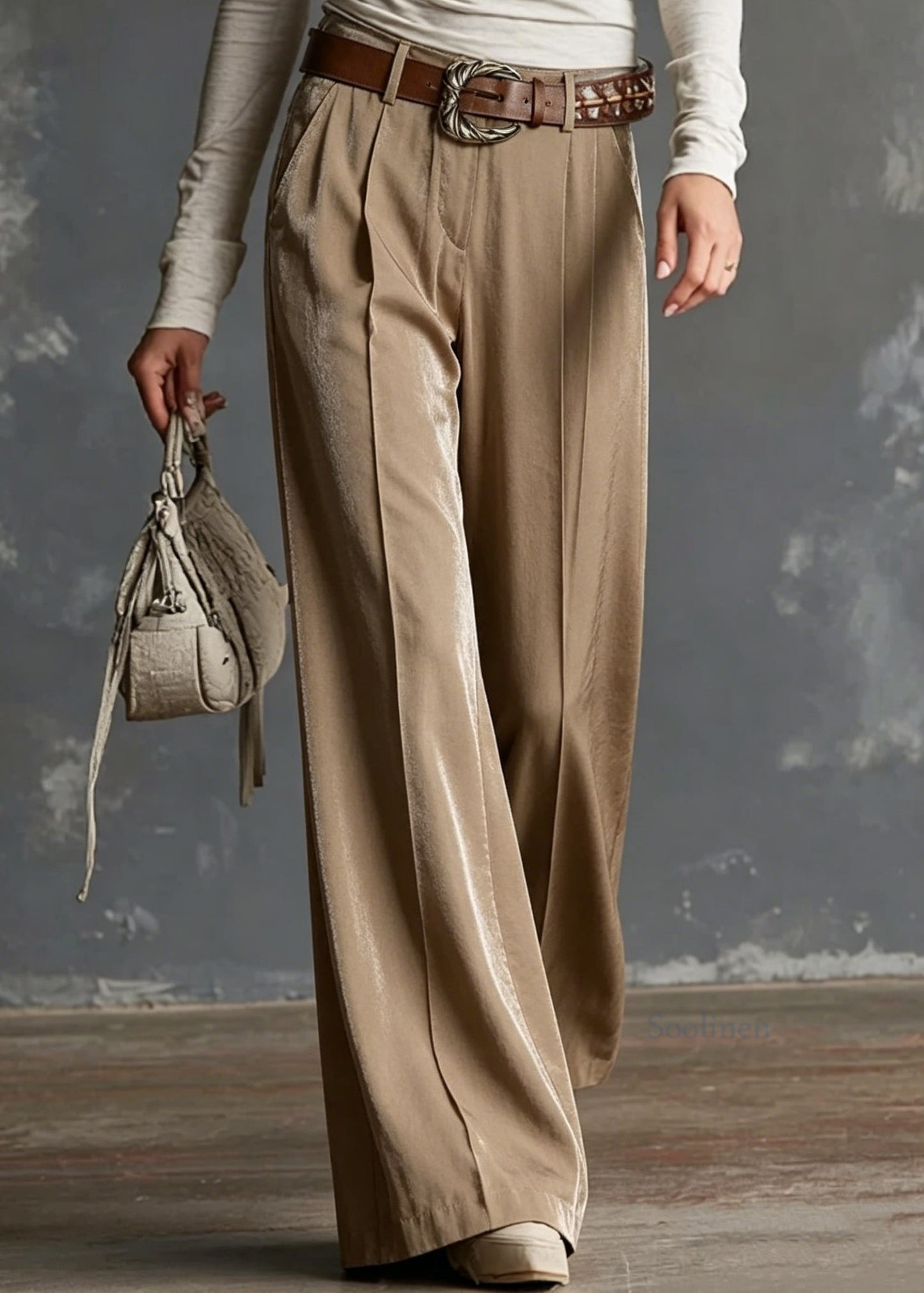 Casual Brown Pockets Wrinkled High Waist Silk Pants Summer