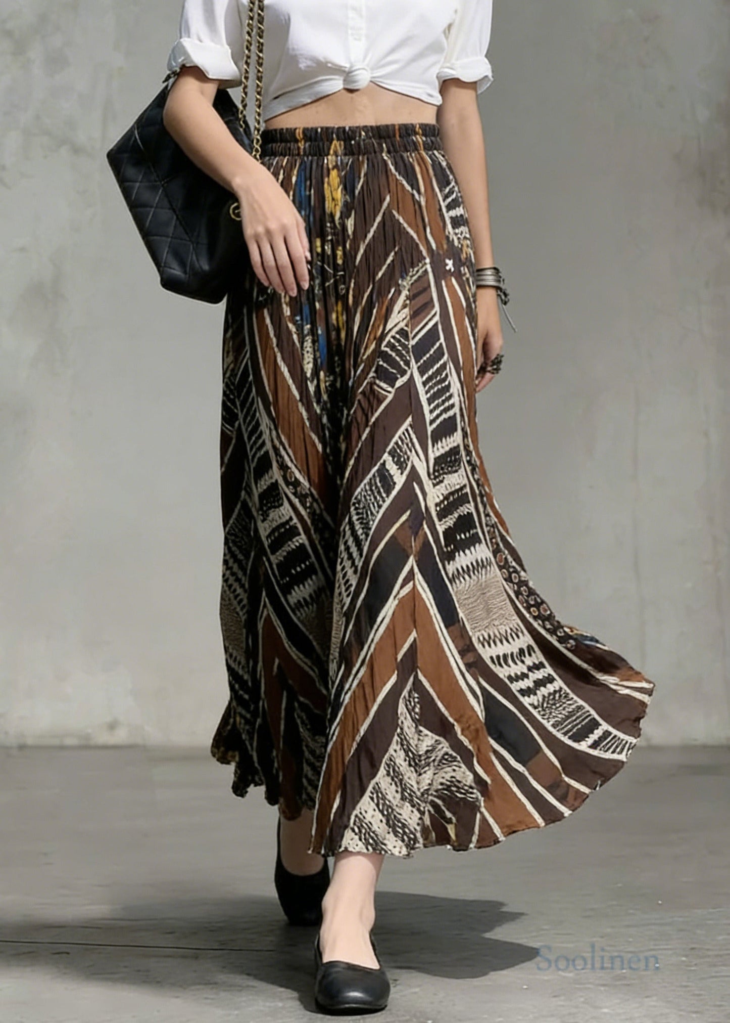 Casual Chocolate Flower Print Exra Large Hem Cotton Skirts Spring