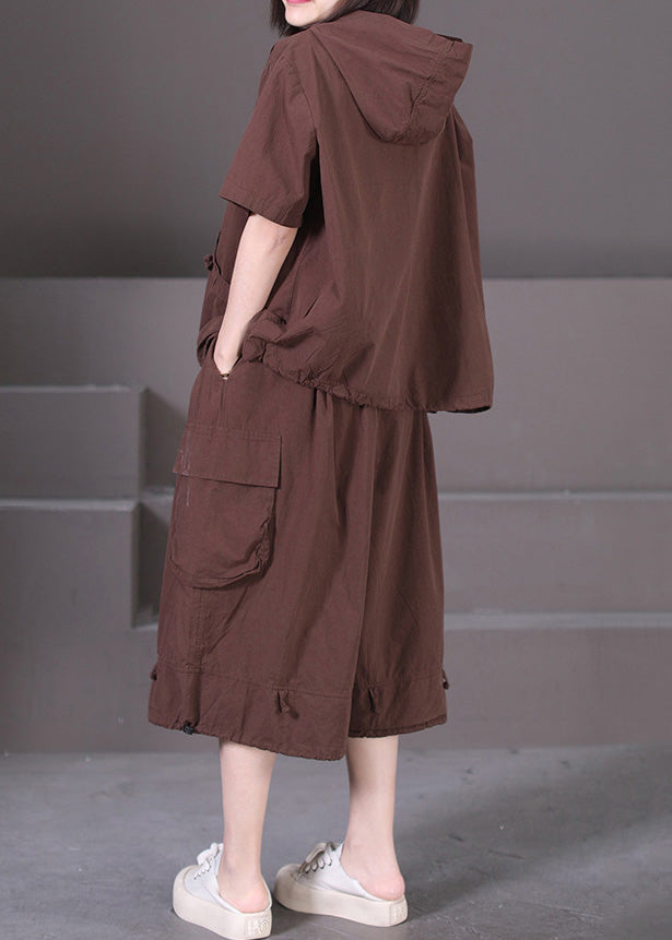 Casual Kaffee Kapuzen Taschen Patchwork Baumwolle Zwei Stücke Set Sommer