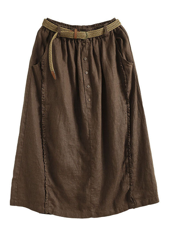 Faldas casuales de lino con bolsillos y volantes color café para verano