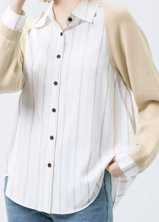 Casual Colorblock Peter Pan Collar Button Knit Patchwork Shirt Fall