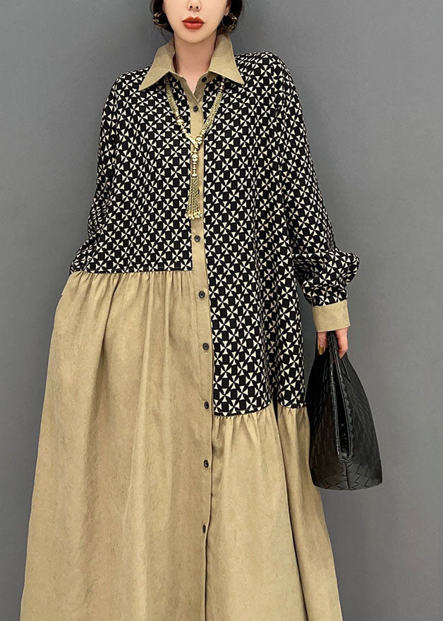 Lässige Colorblock Peter Pan Kragen Patchwork Wrinkled Print Baumwolle Kleider Frühling