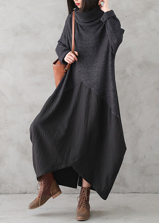 Lässiges dunkelgraues Rollkragenkleid mit Knopfleiste aus Leinen-Patchwork