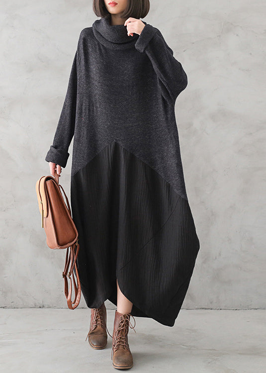 Lässiges dunkelgraues Rollkragenkleid mit Knopfleiste aus Leinen-Patchwork