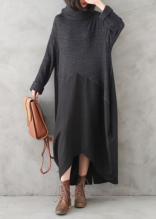 Lässiges dunkelgraues Rollkragenkleid mit Knopfleiste aus Leinen-Patchwork