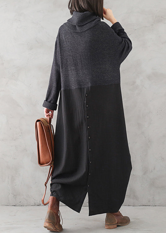 Lässiges dunkelgraues Rollkragenkleid mit Knopfleiste aus Leinen-Patchwork